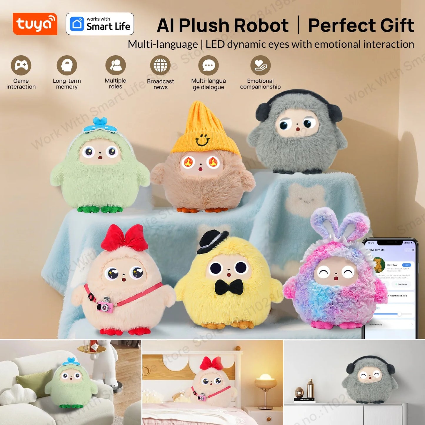 AI Plush Toy W/Smart Voice&LED Eyes,Interactive Companion for Kid/AdultGift-ReadyRechargeable E-Pet open up fun life W/Tuya App
