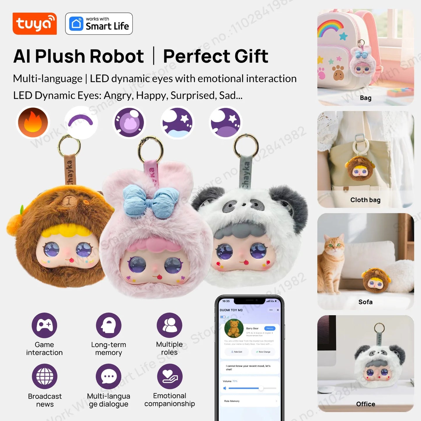 Tuya Smart AI Plush Robot w/LED Eyes & Voice Control,Interactive Smart Toy USB Rechargeable Companion for Kids Gifts/Smart Home
